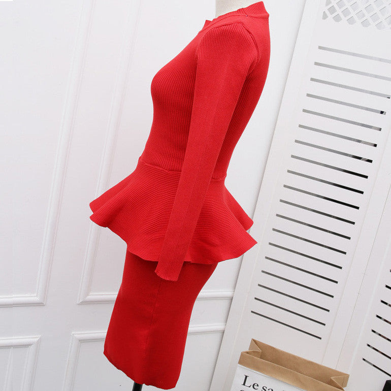 2pcs Skirt Suits for Women Hem Slim Knitting Tops + Step Skirts Sets