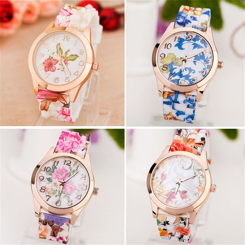 Rose Flower Print Jelly Silicone Quartz Watch ww-b