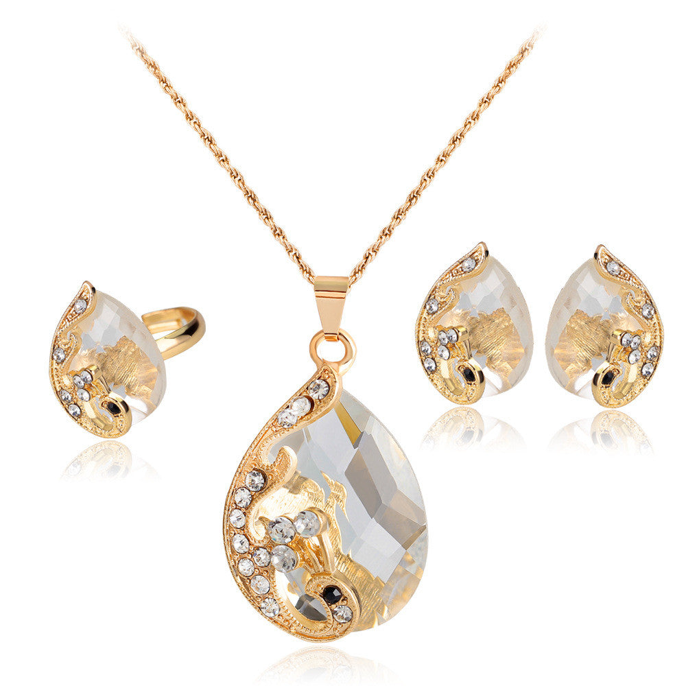 Crystal Peacock Necklaces Earrings Rings Wedding Jewelry Sets wr-
