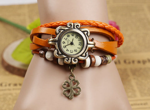 Vintage Watch With Leaf Clover Pendant Design For Women ww-b