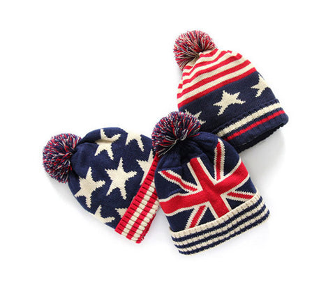 New USA & UK Flag Design Knitted Earflap Unisex Hats
