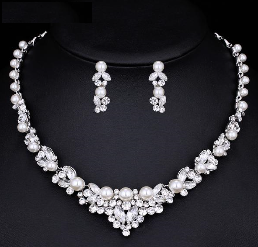 Elegant Pearl Bridal Wedding Jewelry Sets Leaf Crystal Necklaces Earrings