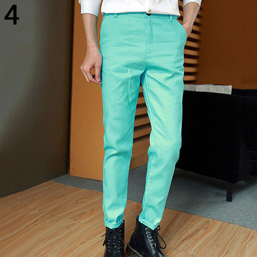 Solid Color Slim Fit Trousers Long Chinos Casual Pants for Men