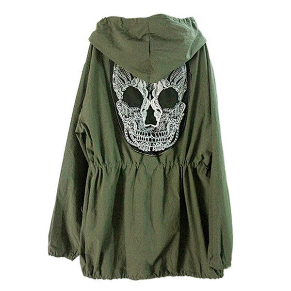 Back Skull Army Green Loose Hooded Parka Women Jacket