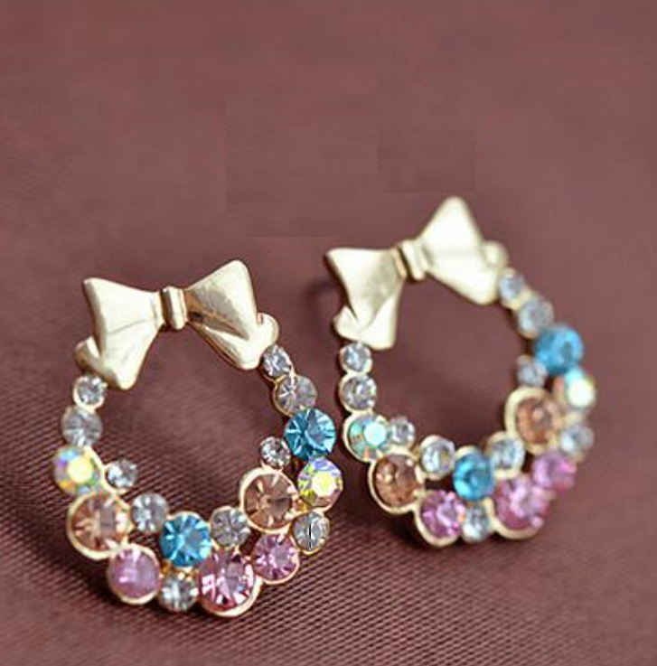 Colorful Rhinestone Bow Earrings