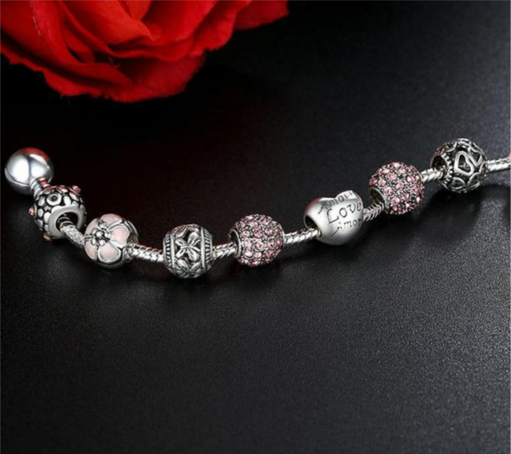 Antique Silver Charm Bracelets with Love and Flower Crystal Ball Women