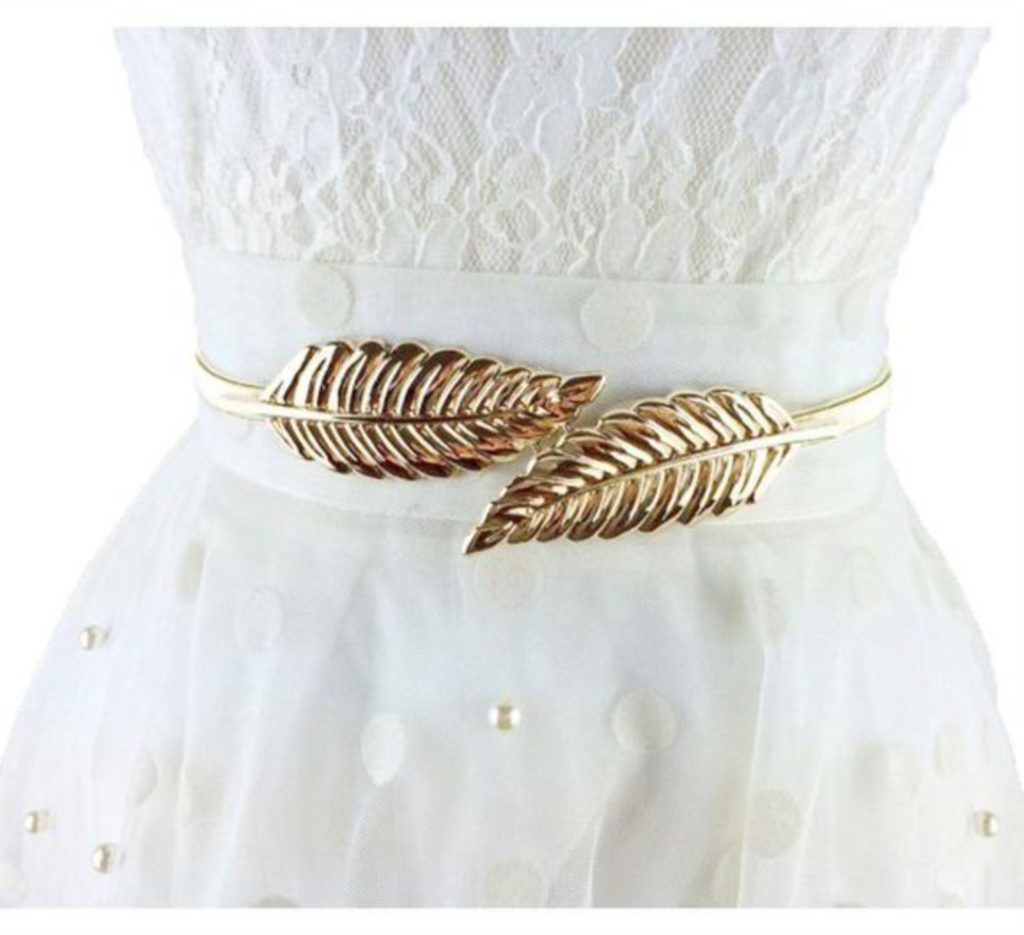 Leaf Design Clasp Front Stretch Metal Waist Gold Silver Belt For Women