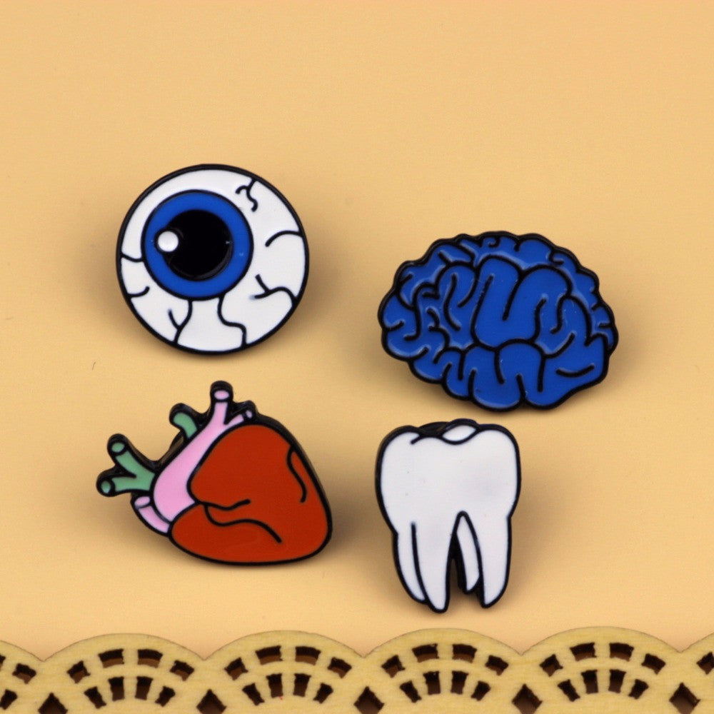 Cartoon Cute Brain Heart Eye Tooth Metal Brooch Pins