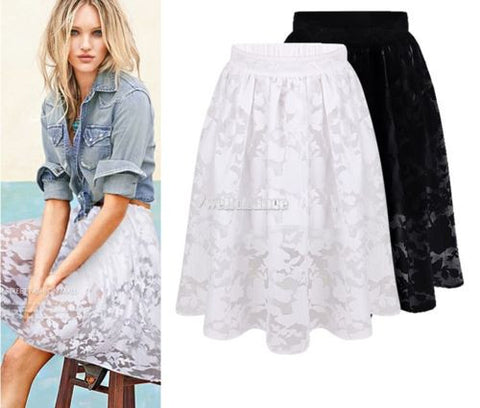 Trendy Double Layer Knee-Length Flower Lace Party Midi Elastic Waist Skirts