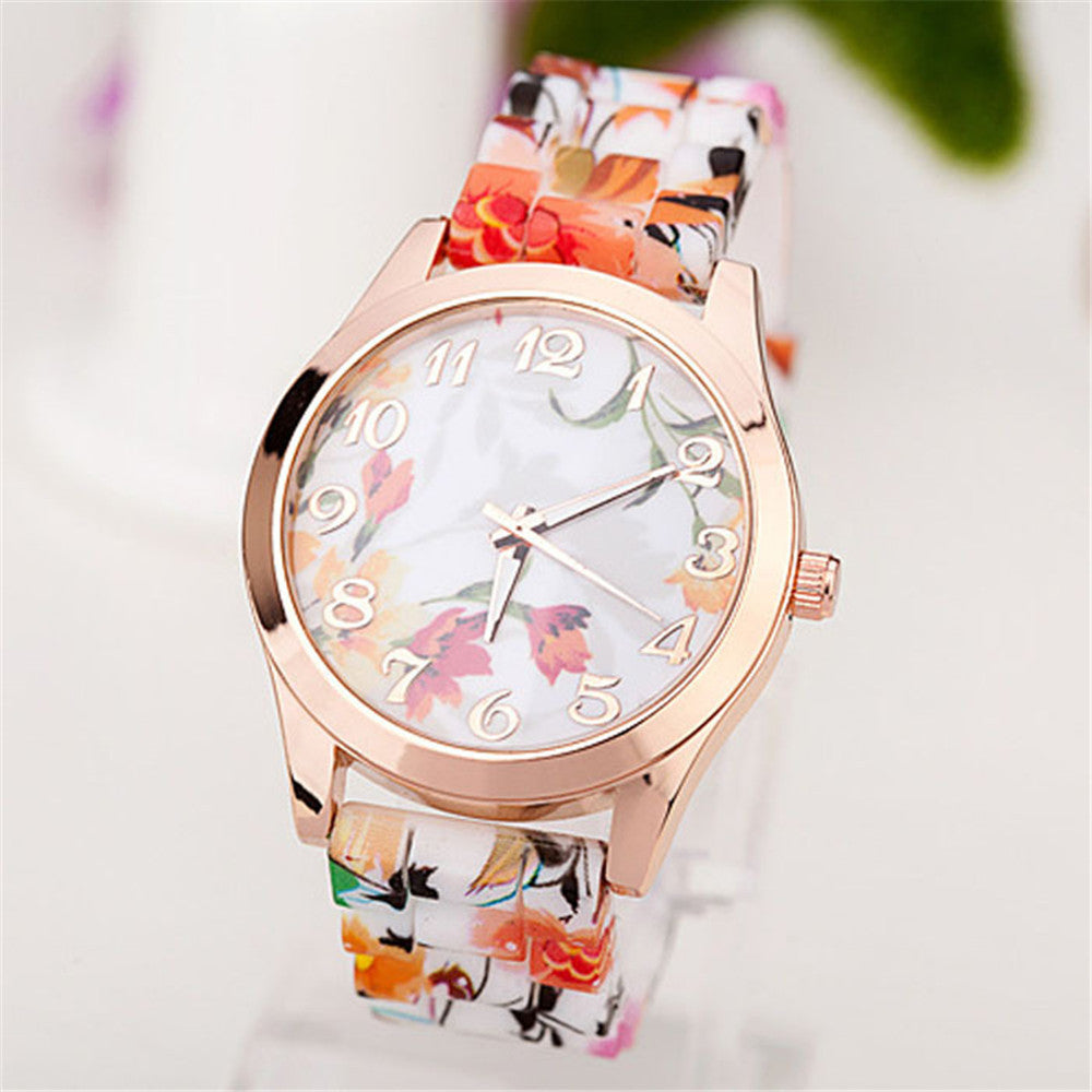 Rose Flower Print Jelly Silicone Quartz Watch ww-b