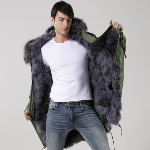 Grey Fox Full Real Fur Parka For Men Long Fashion Top Quality Winter Wear