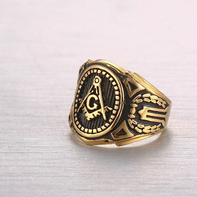 Vintage Masonic Male Gold Black Brand Ring Jewelry