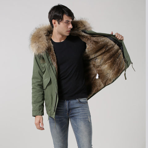 Real Faux Fur Parka For Men Raccoon Dog Fur Casual Wear Hood Jacket