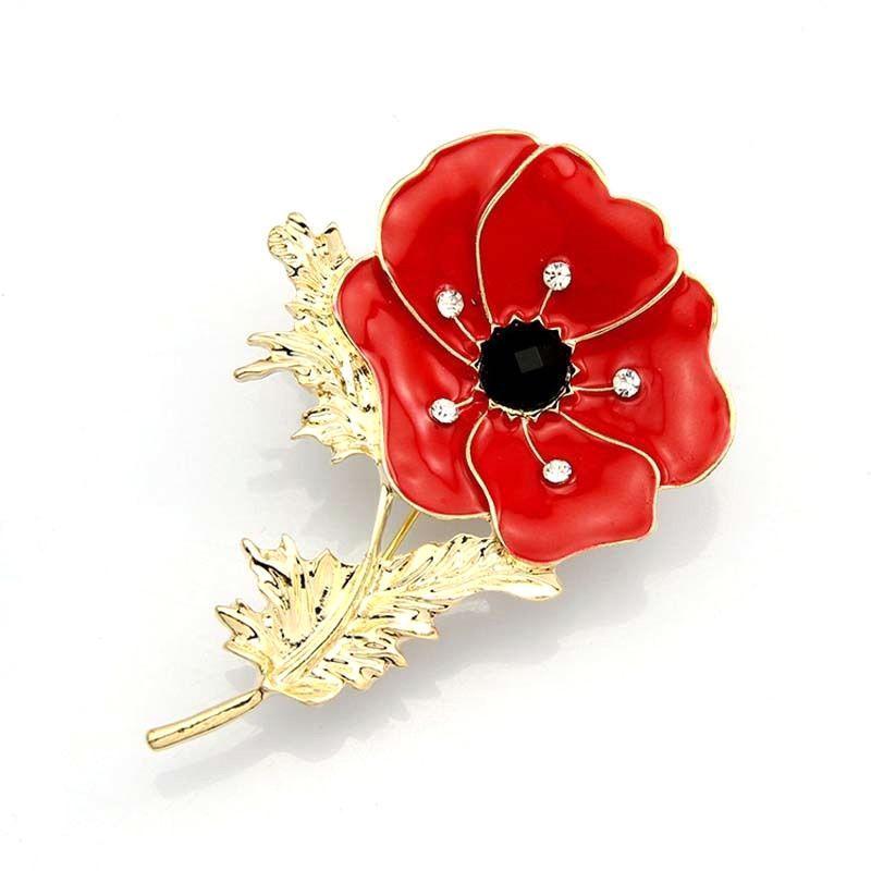 Red Brooch Pin Bonquet Crystal Badge Gold Flower