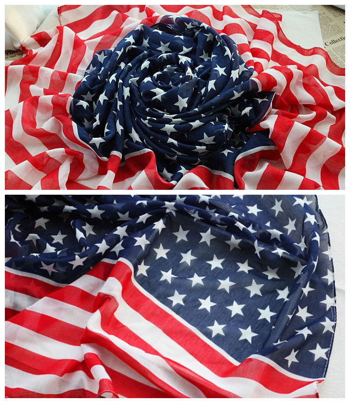 Chiffon American Flag Stars Stripes Long Shawl Pashmina Unisex Scarves