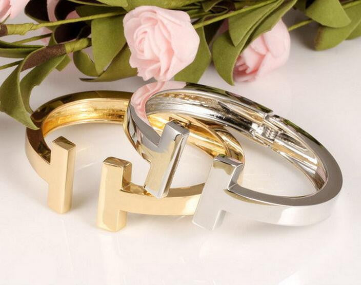 Brand Luxury Quality Double T 24K Gold Plated Cuff Bracelets Bangles