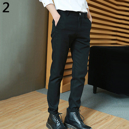Solid Color Slim Fit Trousers Long Chinos Casual Pants for Men