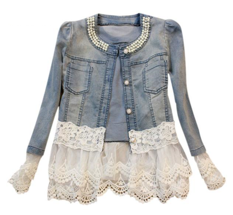 Slim Lace Beading Elegant Denim Women Jacket