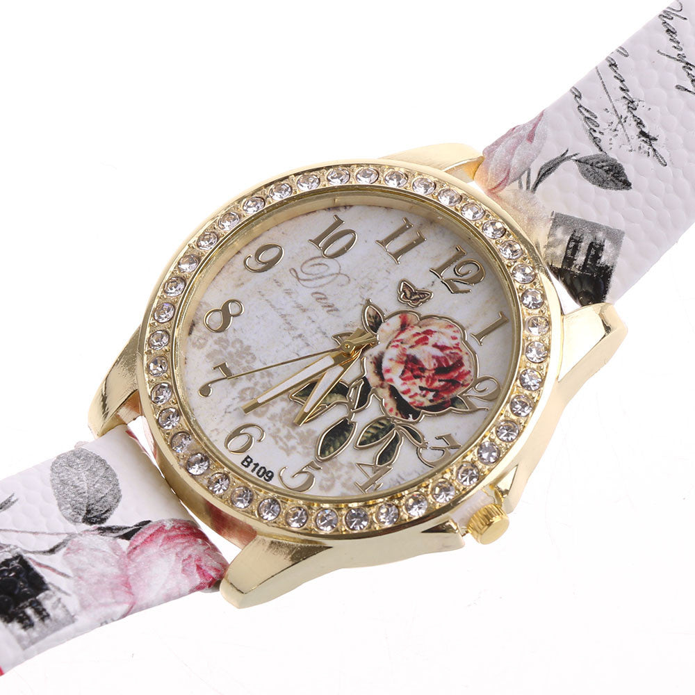 Rose Flower And Diamond Design Quartz Watch ww-b