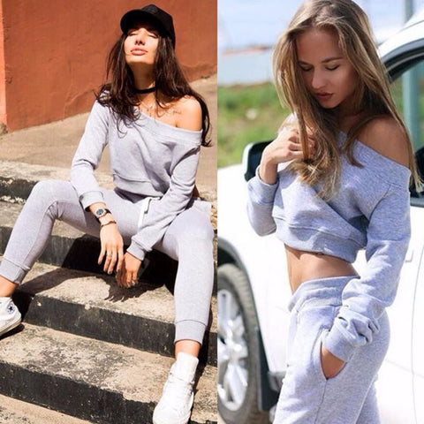 Tracksuits for Women 2 Piece Set Off Shoulder Midriff-Baring Gray Color