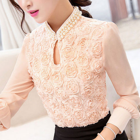 Flower Beaded Lace Tops Long Sleeved Casual Shirt