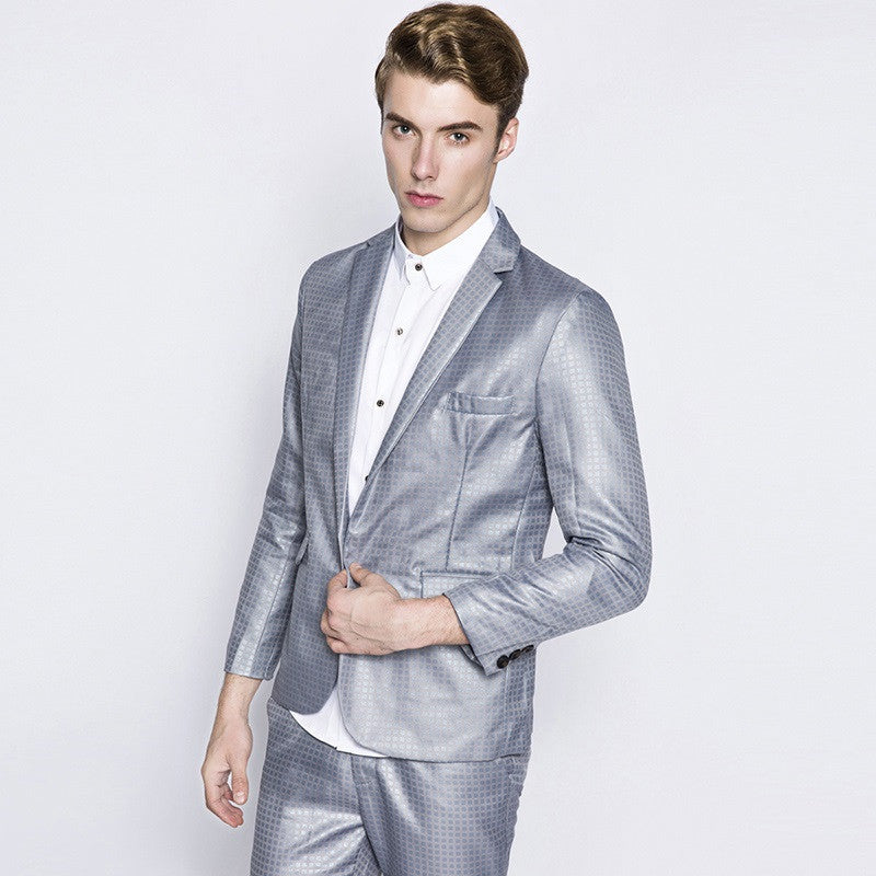 Slim Fit Side Slit Plaid Shining Patterned Suits For Men