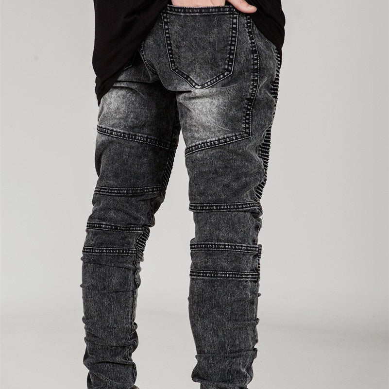 Biker Jeans For Men Zipper Straight Strechable