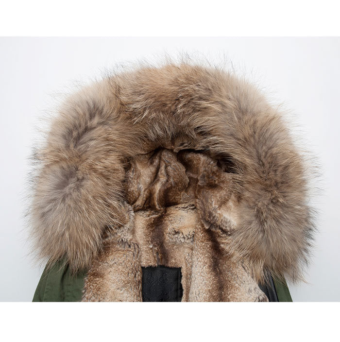 Real Faux Rabbit Fur Winter Parka for Men with Raccoon Fur Hoode