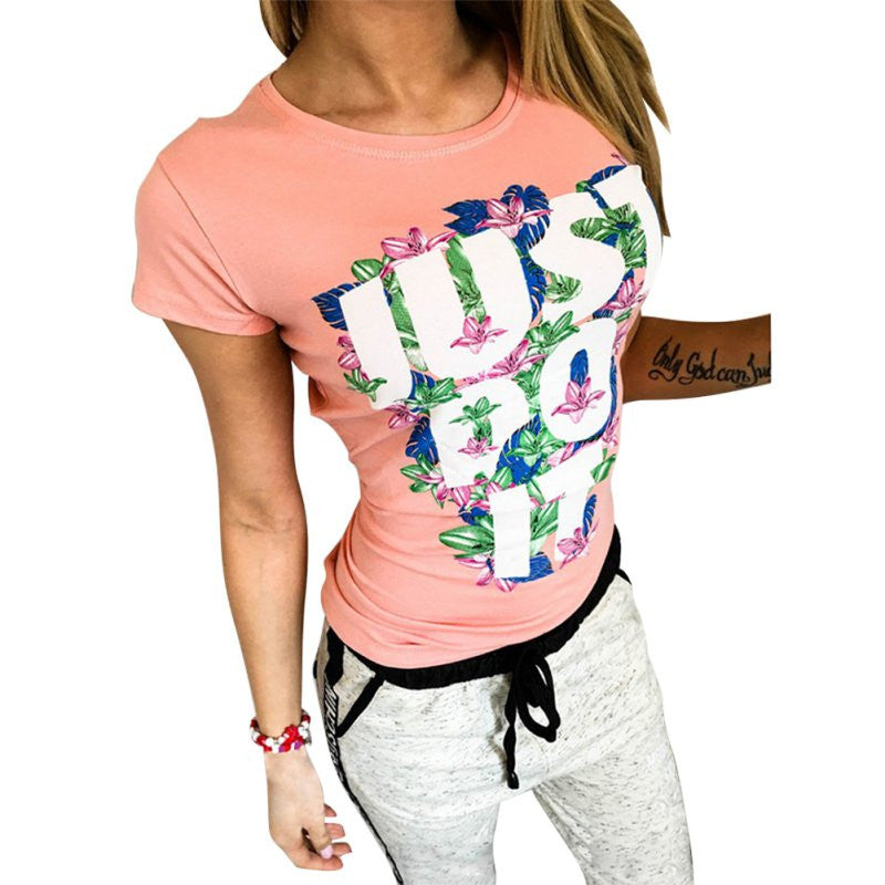 Short Sleeve Casual Printed Cotton White Pink Tee Tops