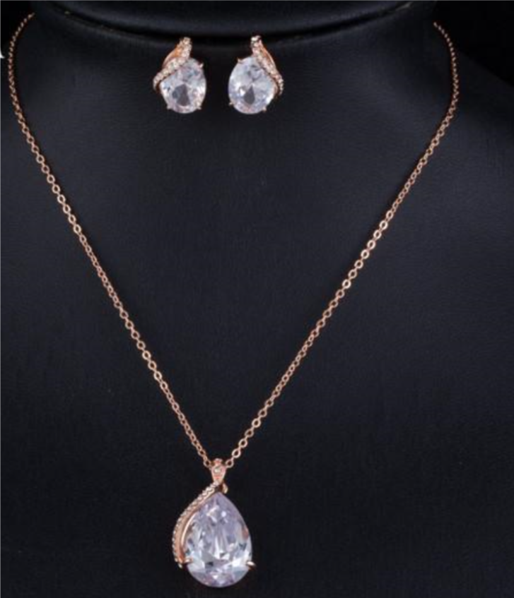Rose Gold Plated Clear Waterdrop Earrings and Pendants Necklaces Jewelry Sets