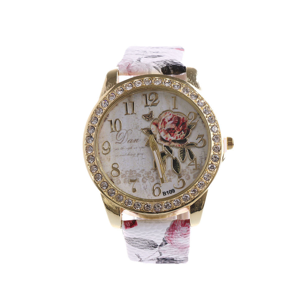 Rose Flower And Diamond Design Quartz Watch ww-b