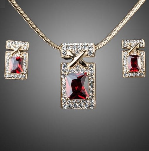 Gold Plated Dark Red Cubic Zirconia Earrings & Necklaces Quality Jewelry Sets