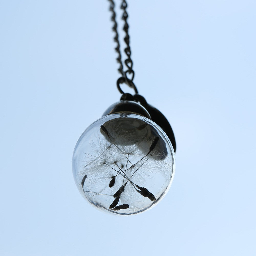 Glass Bottle Natural Dandelion Seed In Glass Necklace Silver Plated Jewelry
