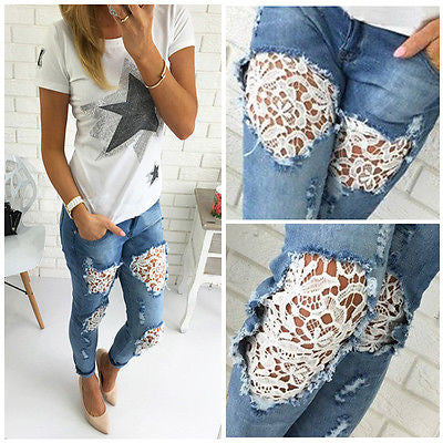 Floral Ripped Distressed Slim Denim For Women