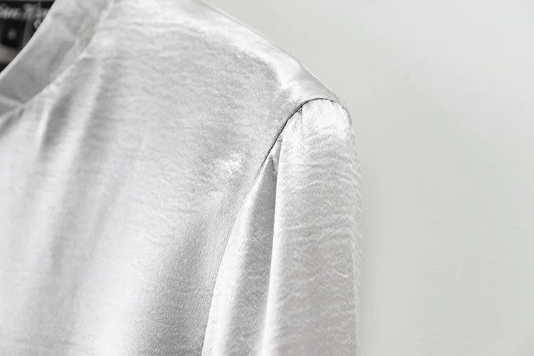 Metallic Silver Color Stand Long Sleeve Women Jacket