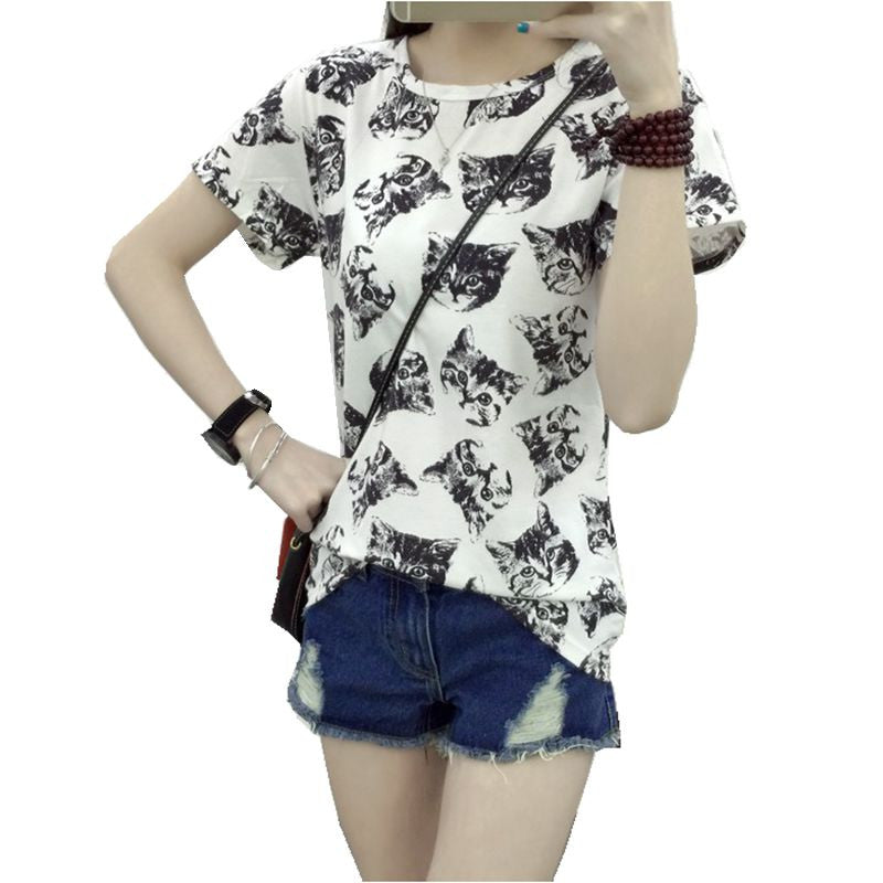 Women Summer Sweet Cartoon Cat Short Sleeve Tee Tops