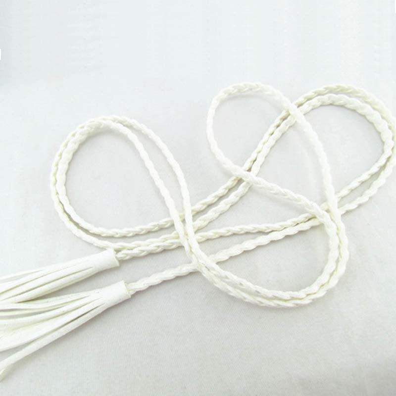 Hand-Knit Long Leather Design Braid Waist Belt For Women With Tassel