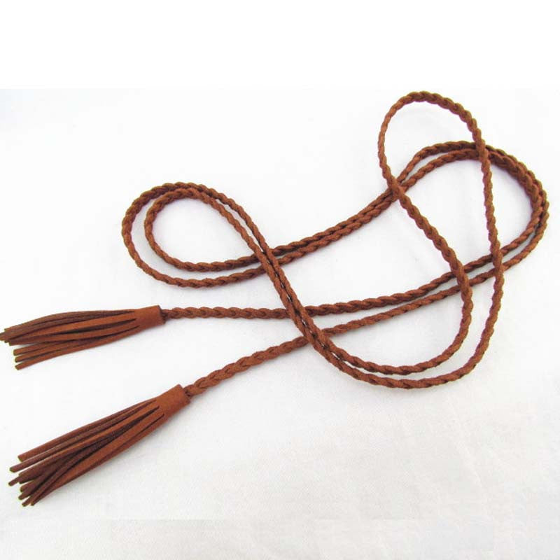 Hand-Knit Long Leather Design Braid Waist Belt For Women With Tassel