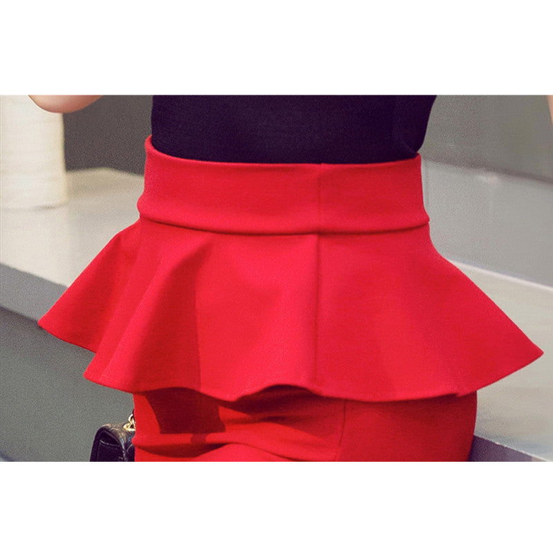 Women Pencil Ruffles Open Slit Skirts in Red And Black