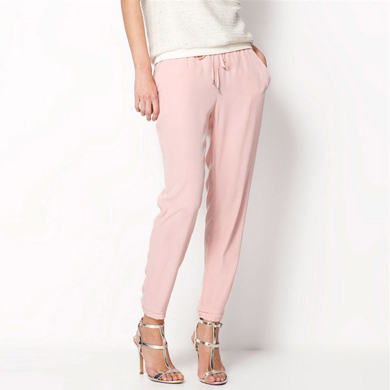 Elastic Waist Solid Color Slim Style Casual Women Pants