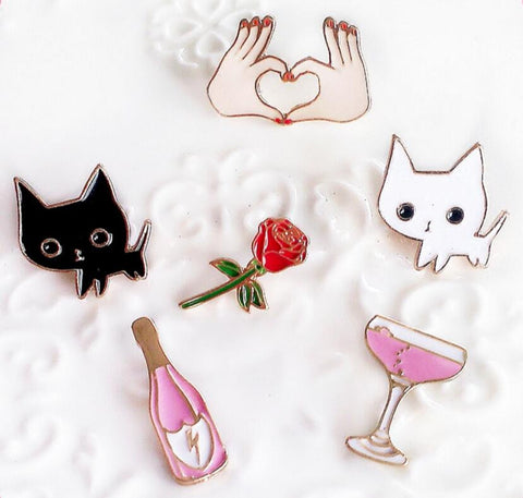 Cartoon Cat Kitty Cocktail Wine Rose Flower Hand Cute Metal Brooch Pins