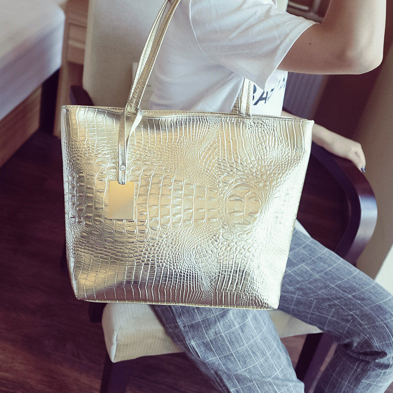 Brand Fashion Casual Silver Gold & Black Crocodile Design Tote Bag
