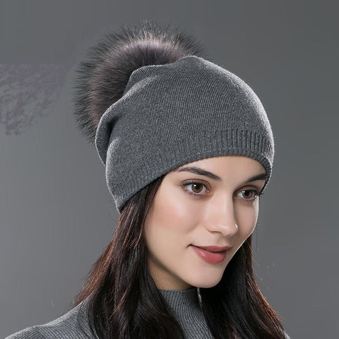 Beanies Unisex Hats Knitted Skullies Casual Cap With Real Raccoon Fox Fur Pompom