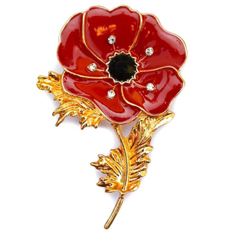 Red Brooch Pin Bonquet Crystal Badge Gold Flower