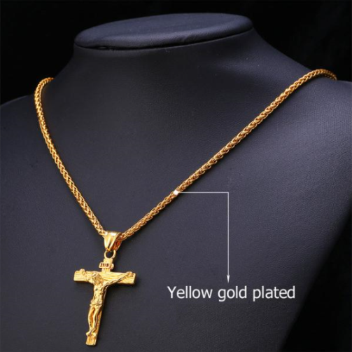 Cross Jesus Piece Pendants & Necklaces Steel Gold Plated Men mj