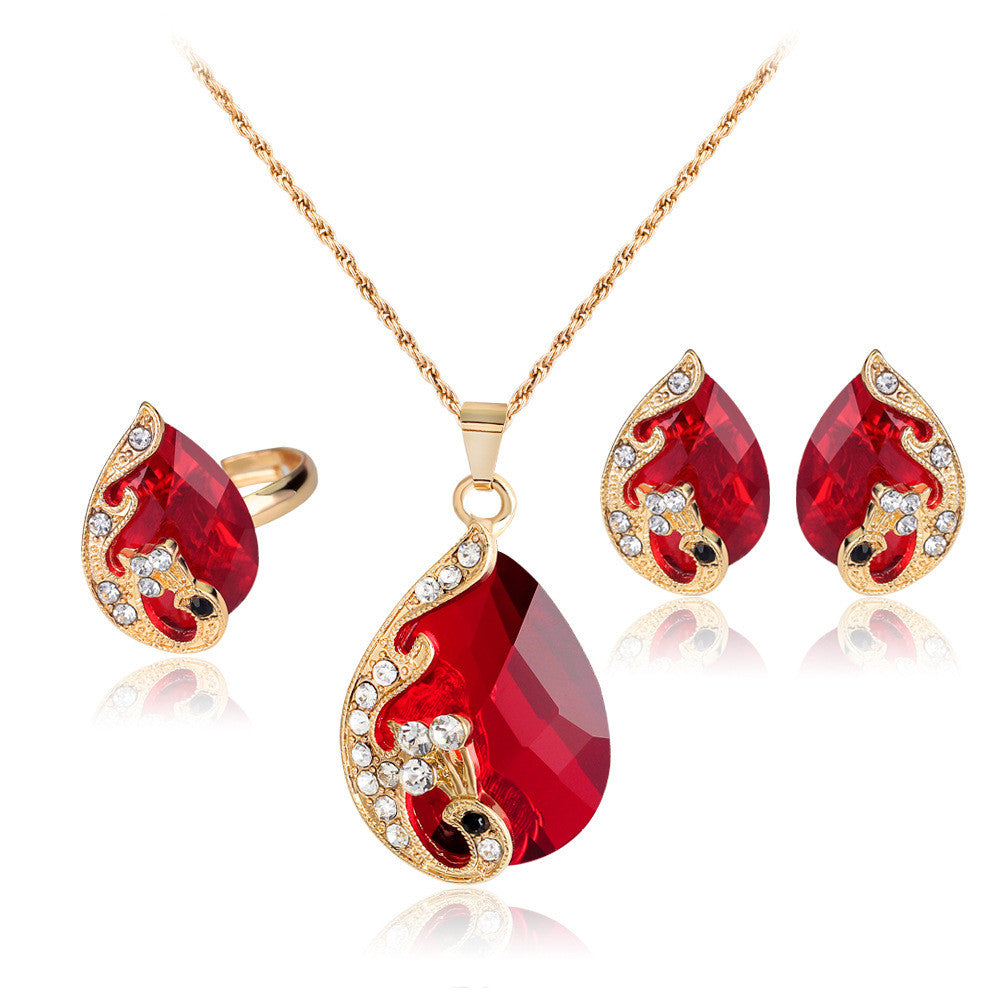 Crystal Peacock Necklaces Earrings Rings Wedding Jewelry Sets wr-