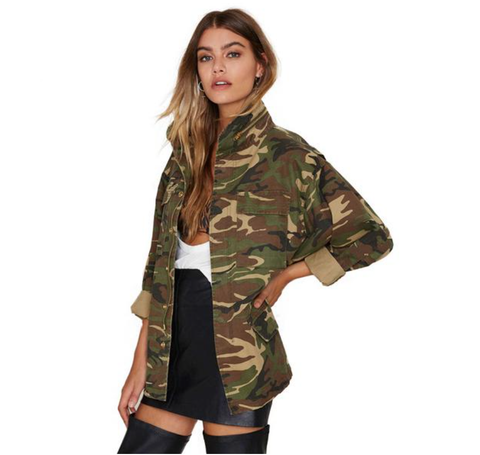 Loose Camouflage Coat Stand Collar Pocket Long Sleeve Women Jacket