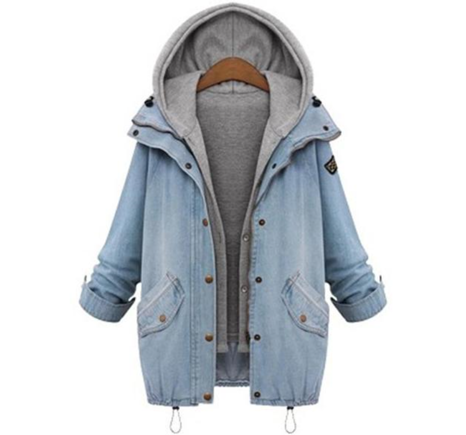 Blue Hooded Drawstring Boyfriend Trends Jean Two Piece Women Jacket