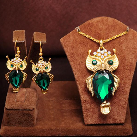 Gold Plated Crystal Owl Necklaces/Earrings Animal Design Jewelry Sets