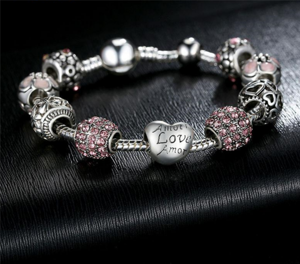 Antique Silver Charm Bracelets with Love and Flower Crystal Ball Women